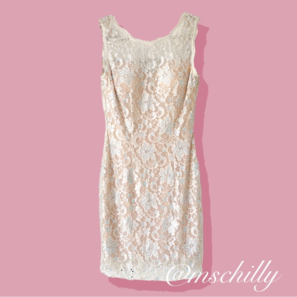 Jovani Nude Embellished Silver Lace Short Mini Cocktail Prom Dress 4 - Picture 1 of 8